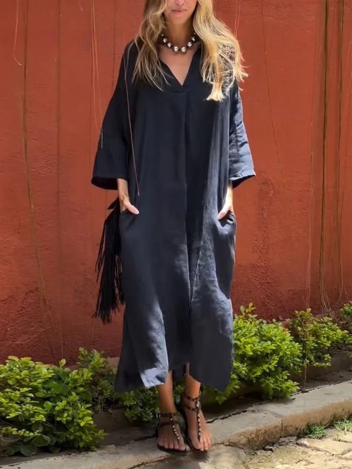 Ishael - Solid V-Neck Linen Long Loose Fit Dress