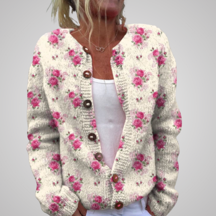 Watercolor French Rose Repeat Pattern Print Buttoned Cardigan Sweater
