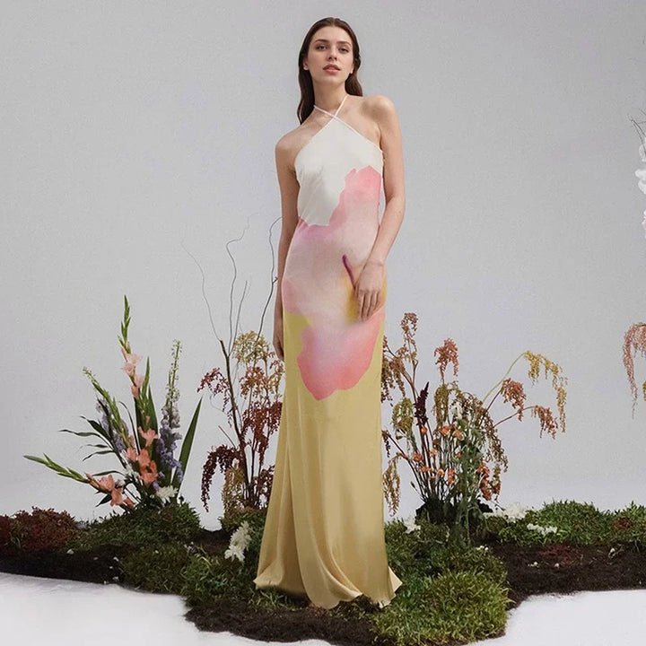 Ismena - Elegant Skew Neck Floral Maxi Dress