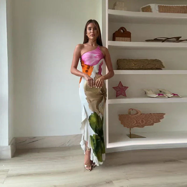 Ismena - Elegant Skew Neck Floral Maxi Dress