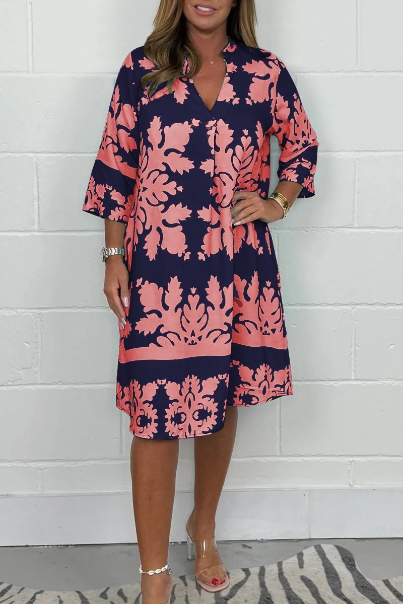 Kenzie - Bohemian Retro Print V-neck Cropped Sleeves Dress