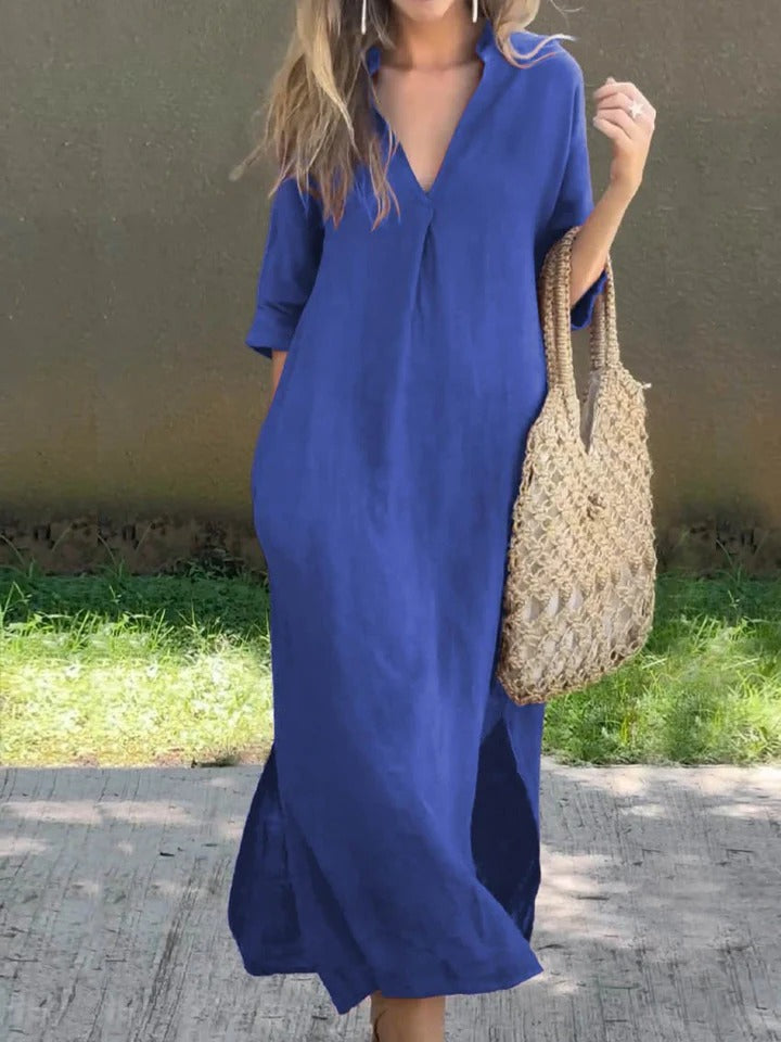 Ishael - Solid V-Neck Linen Long Loose Fit Dress