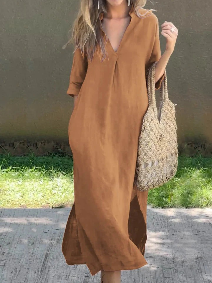 Ishael - Solid V-Neck Linen Long Loose Fit Dress