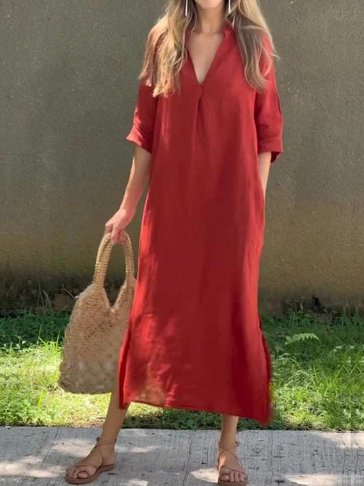 Ishael - Solid V-Neck Linen Long Loose Fit Dress