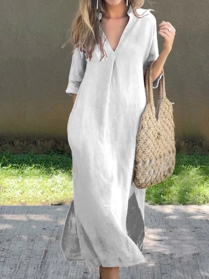 Ishael - Solid V-Neck Linen Long Loose Fit Dress