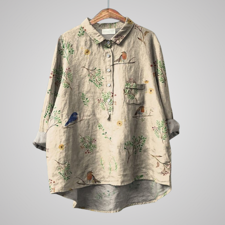 Boughs And Robin Birds Pattern Printed Women's Casual  Linen Shirt