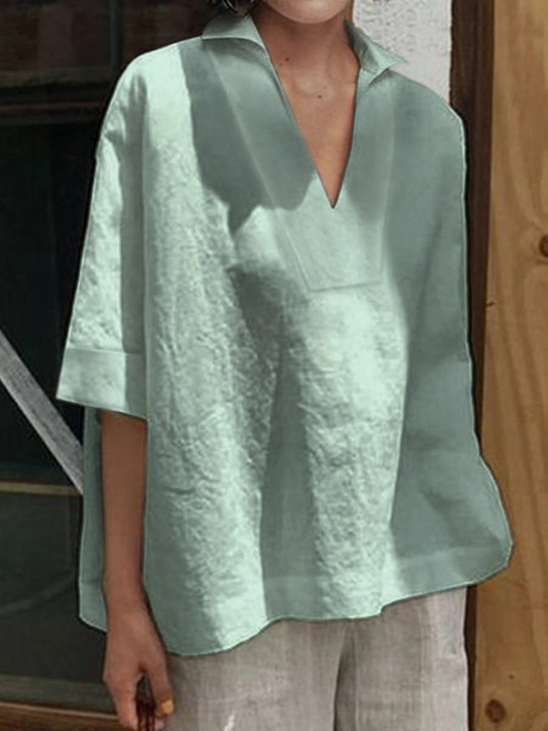 Women's V-neck  Solid Colour Loose Mid-Sleeve Shirt