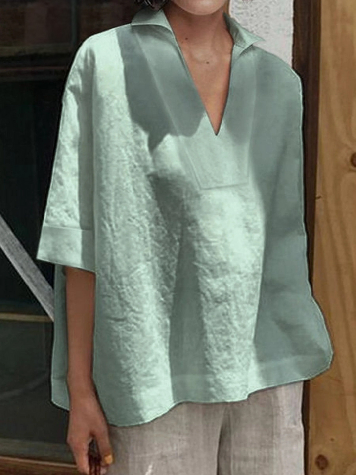 Women's V-neck  Solid Colour Loose Mid-Sleeve Shirt