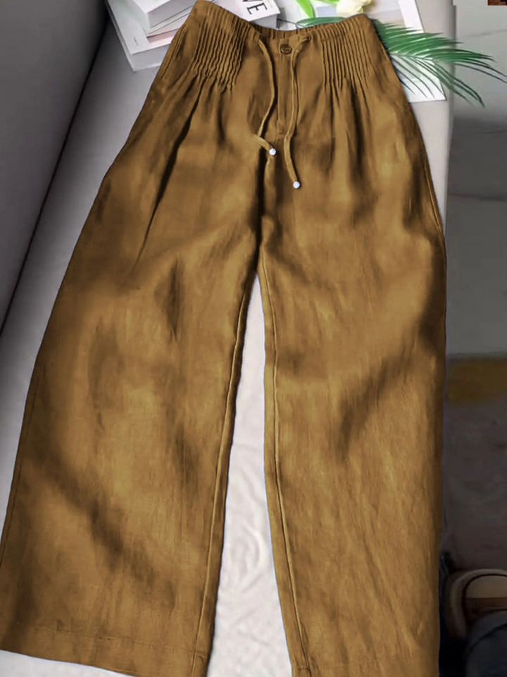 Women's Solid Color Pleated Drawstring Casual  Wide Leg Linen Pants