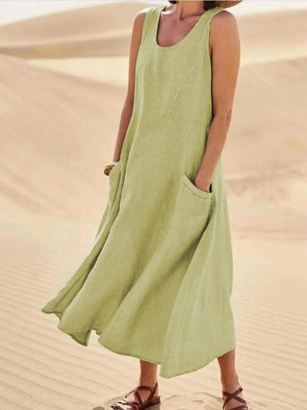 Women Sleeveless Sundress Elegant Round Neck  Solid Long Tank Casual Summer Dress