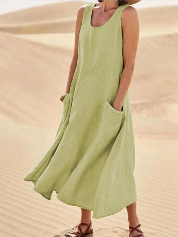 Women Sleeveless Sundress Elegant Round Neck  Solid Long Tank Casual Summer Dress