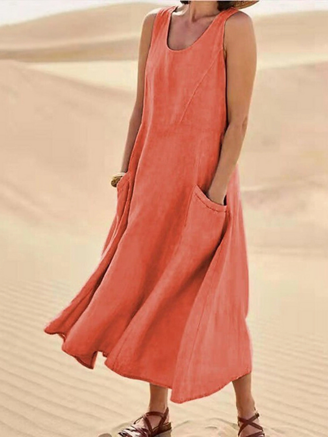 Women Sleeveless Sundress Elegant Round Neck  Solid Long Tank Casual Summer Dress