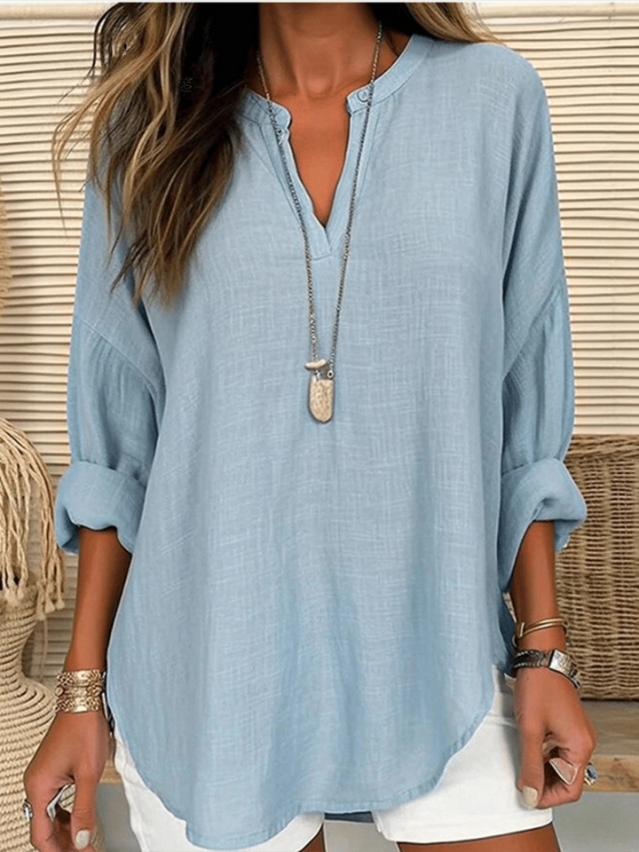 Women's Long Sleeve Round Neck Solid Color Loose Beach Shirt