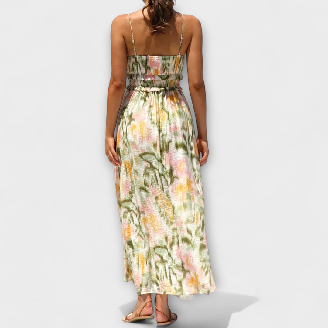 Selene - Vibrant Printed Strap Split Dress