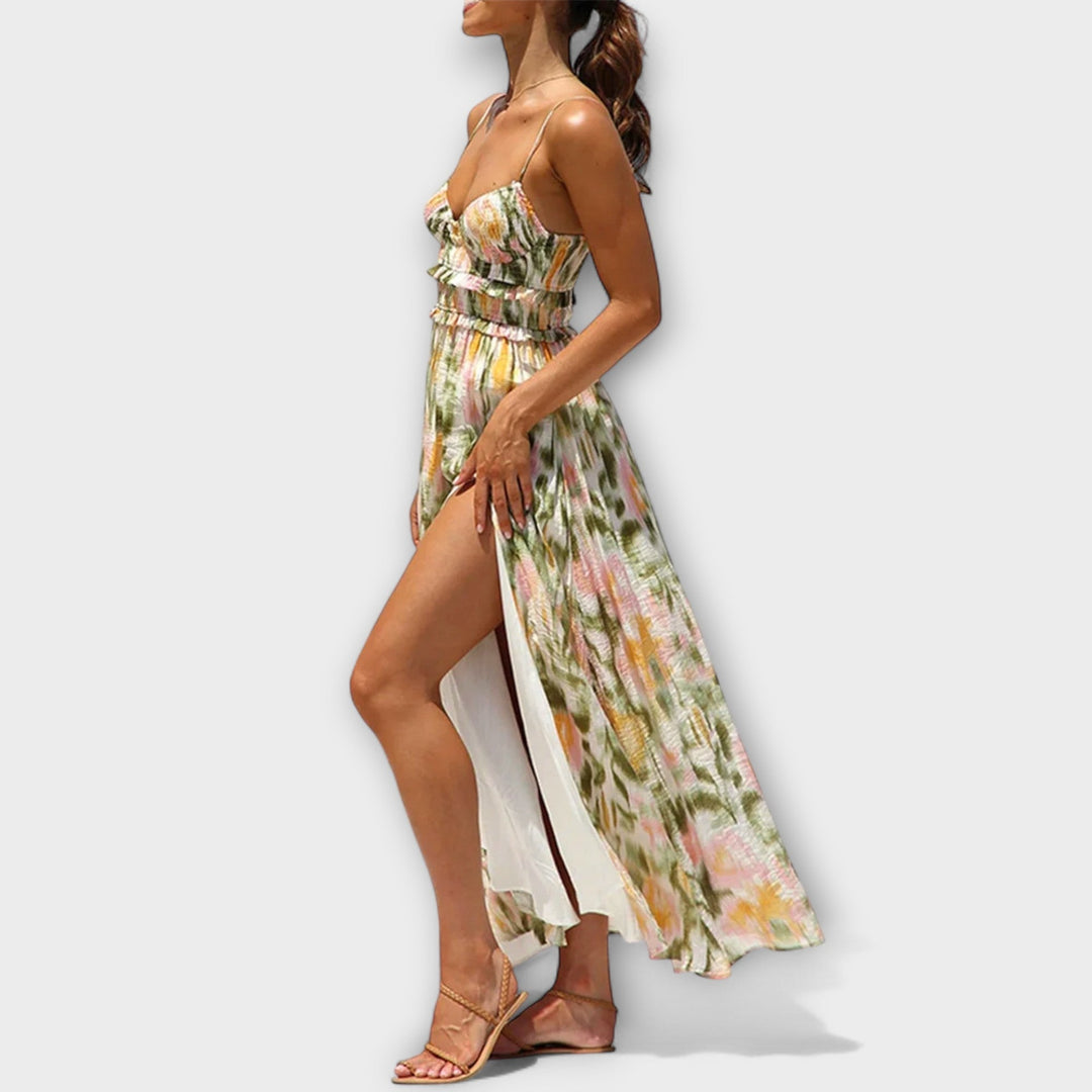 Selene - Vibrant Printed Strap Split Dress