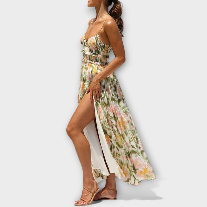 Selene - Vibrant Printed Strap Split Dress
