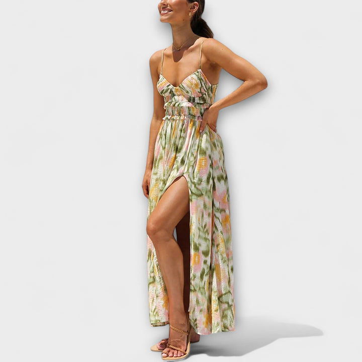 Selene - Vibrant Printed Strap Split Dress