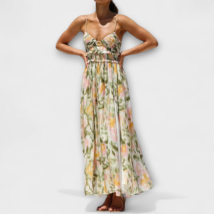 Selene - Vibrant Printed Strap Split Dress