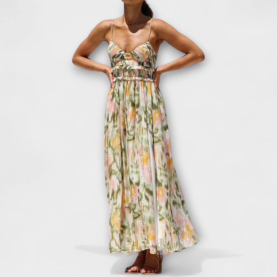 Selene - Vibrant Printed Strap Split Dress