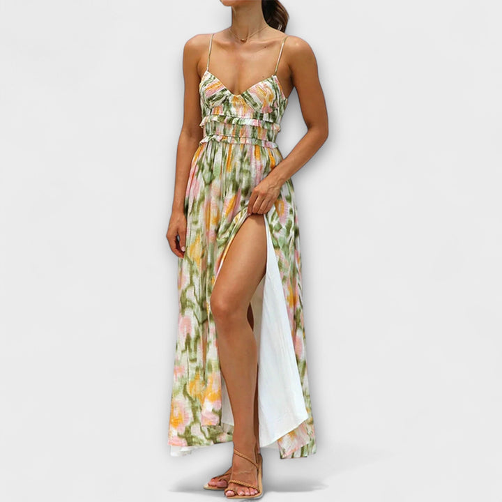 Selene - Vibrant Printed Strap Split Dress