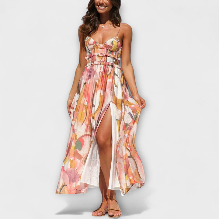 Selene - Vibrant Printed Strap Split Dress