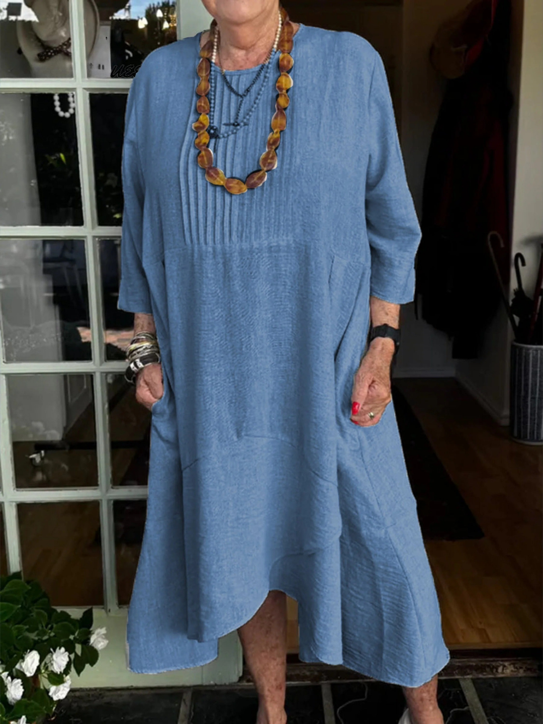 Accordion Pleated Irregular Hem Linen Dress