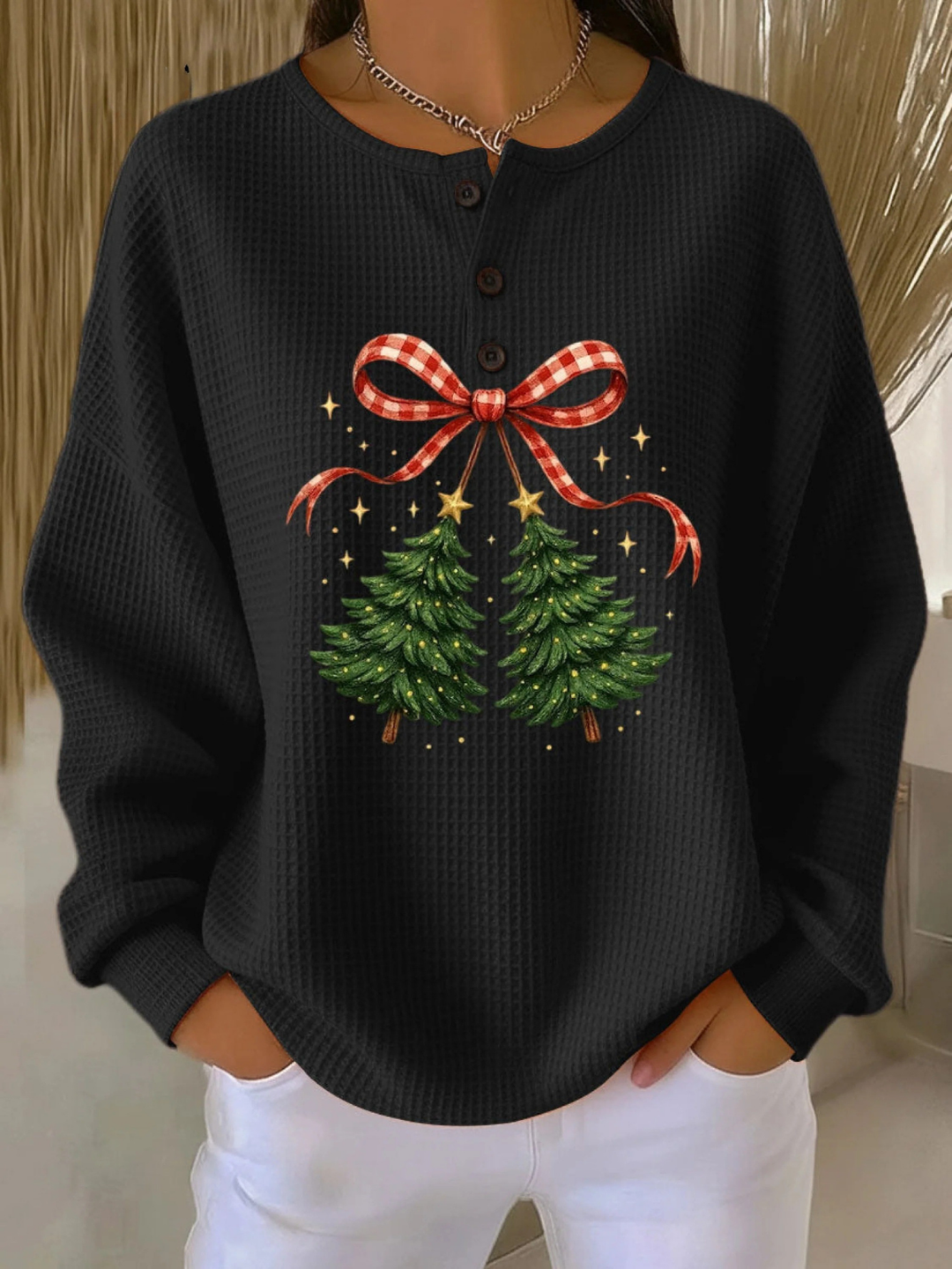 Women's Vintage Christmas Tree Art Print Casual Cotton Shirt