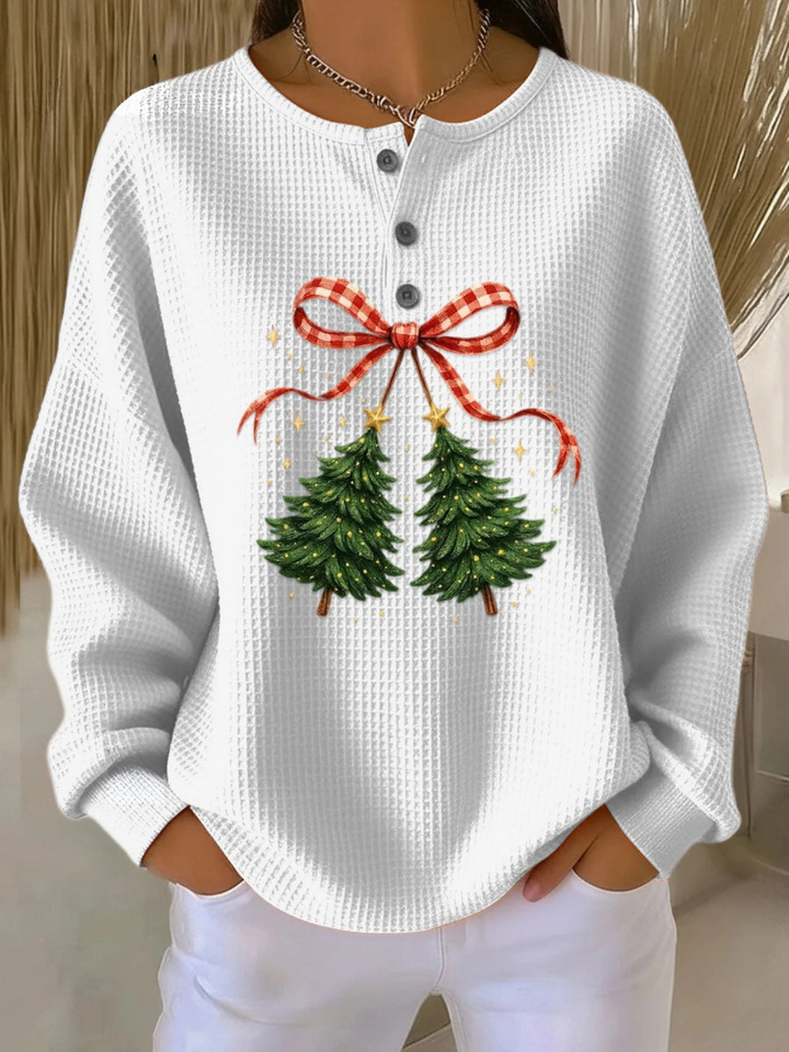 Women's Vintage Christmas Tree Art Print Casual Cotton Shirt