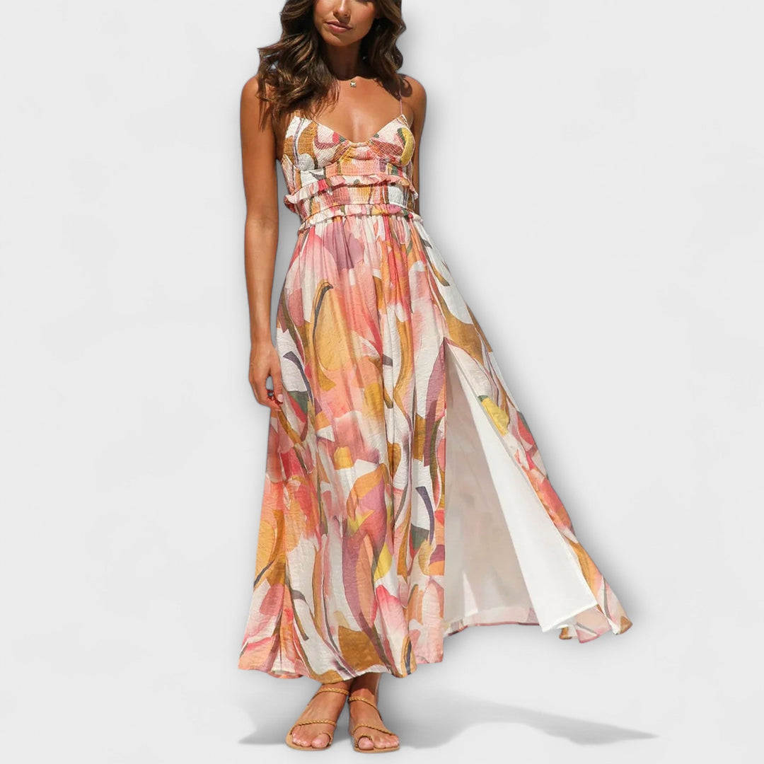 Selene - Vibrant Printed Strap Split Dress