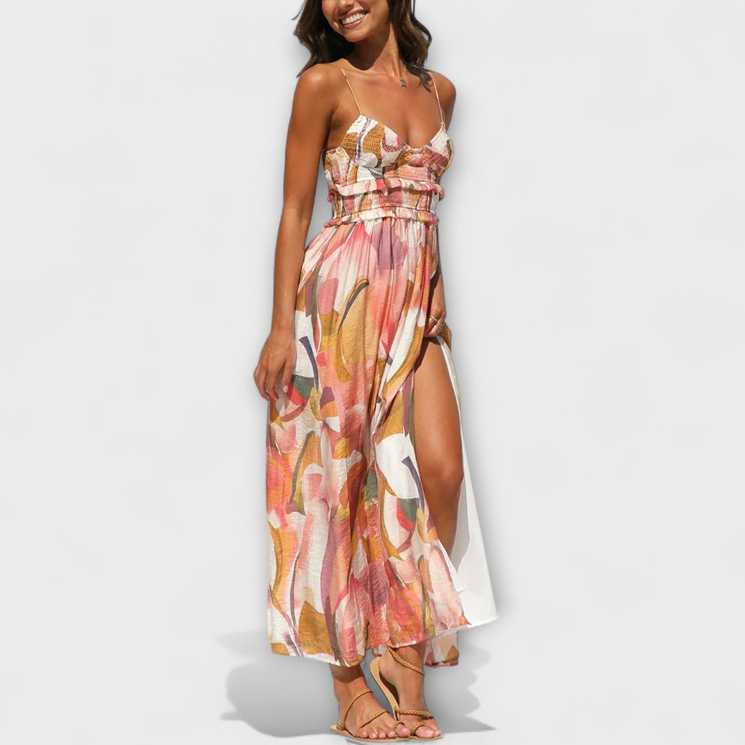 Selene - Vibrant Printed Strap Split Dress