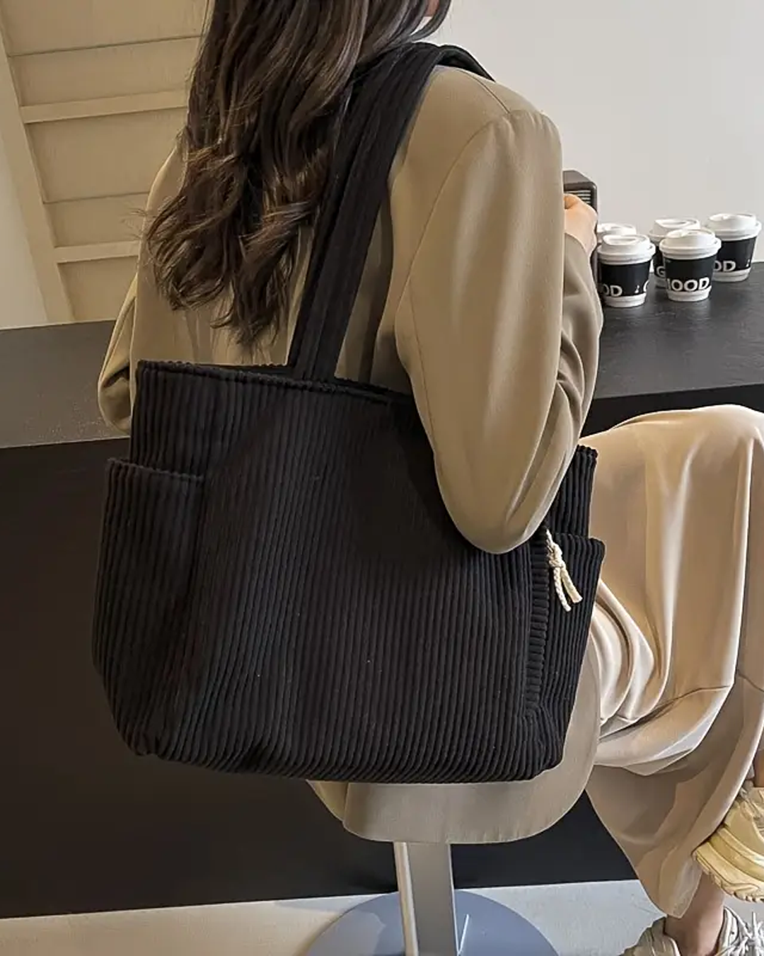 Tess – Ribbed Tote Bag with Cord Detail