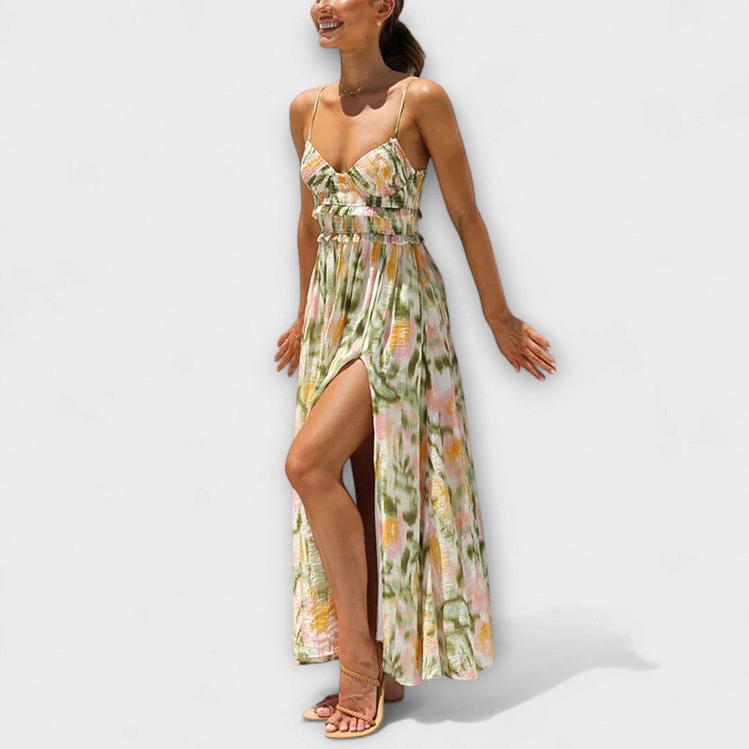 Selene - Vibrant Printed Strap Split Dress