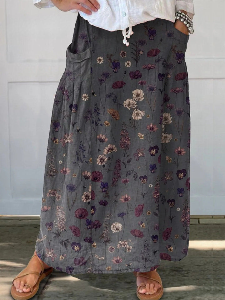 Nerys - Elegant Flower Print Linen Pocket Skirt
